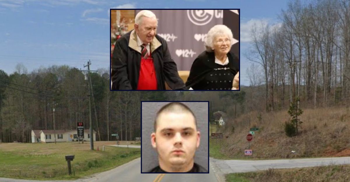 Inset, top to bottom: Larry Moore and Sandra Moore (WYFF) and Levi Kevin Jones (Oconee County Detention Center). Background: The area in South Carolina where Jones allegedly killed the elderly couple (Google Maps).