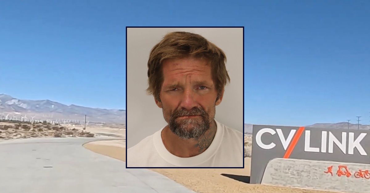 Inset: Jacob E. Masters (Palm Springs Police Department). Background: The CV Link trail where Masters stabbed an elderly stranger (YouTube/Gordon Thomas). 