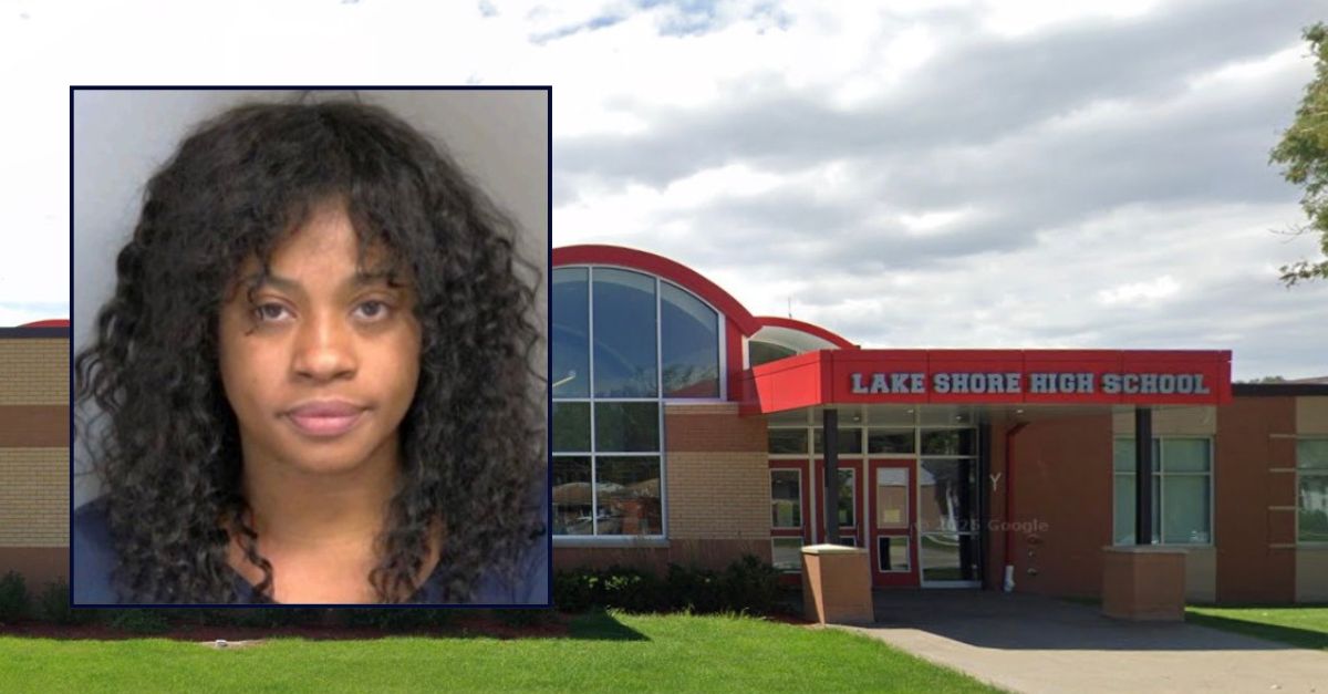 Inset: Crystal Royster (Macomb County Prosecutor's Office). Background: Lake Shore High School in St. Clair Shores, Michigan, where Royster called in two bomb threats (Google Maps)