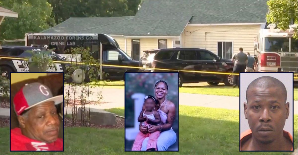 Inset, left to right: Alfred Simpson, Tarra Mayes, and Rajai Keyontae Brown (Kalamazoo (Mich.) Department of Public Safety). Background: Authorities at the home where the bodies of Mayes and Simpson were discovered (WXMI).