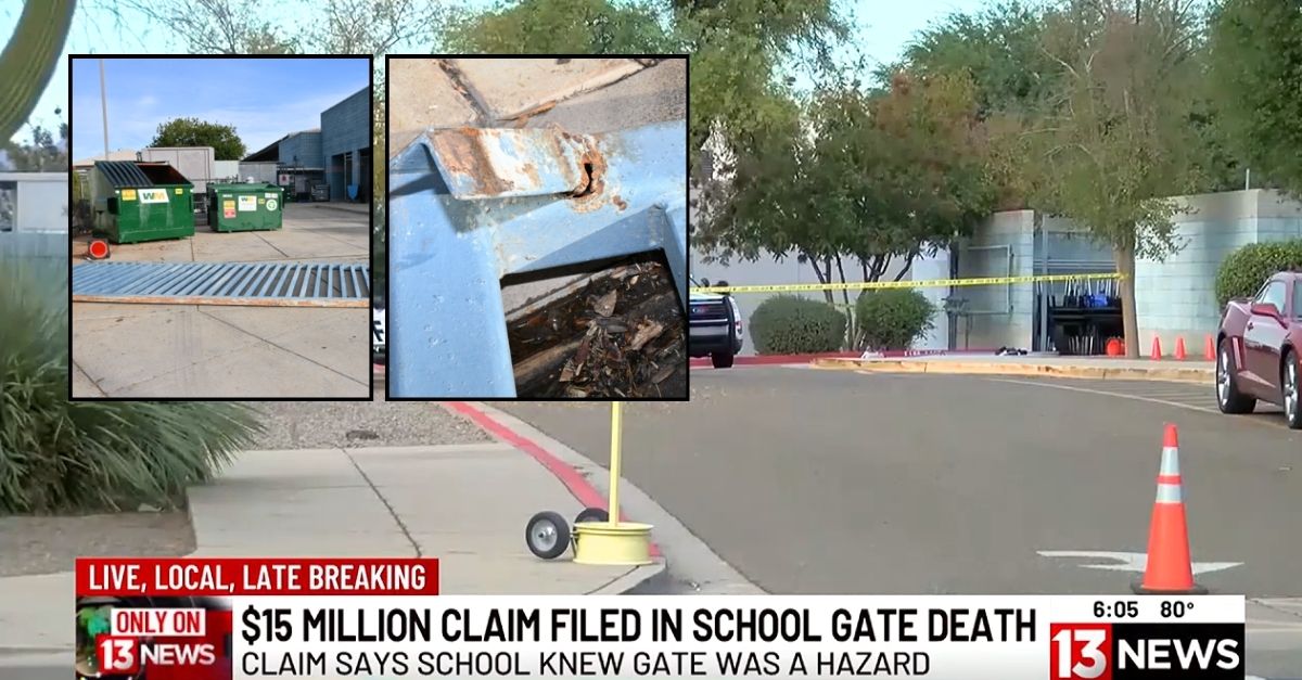 Insets: The "busted" school gate that fell on Arizona honor student Arlette Chavira, 9, and crushed her to death just days after a work order was allegedly filed to fix it (Pima County Sheriff