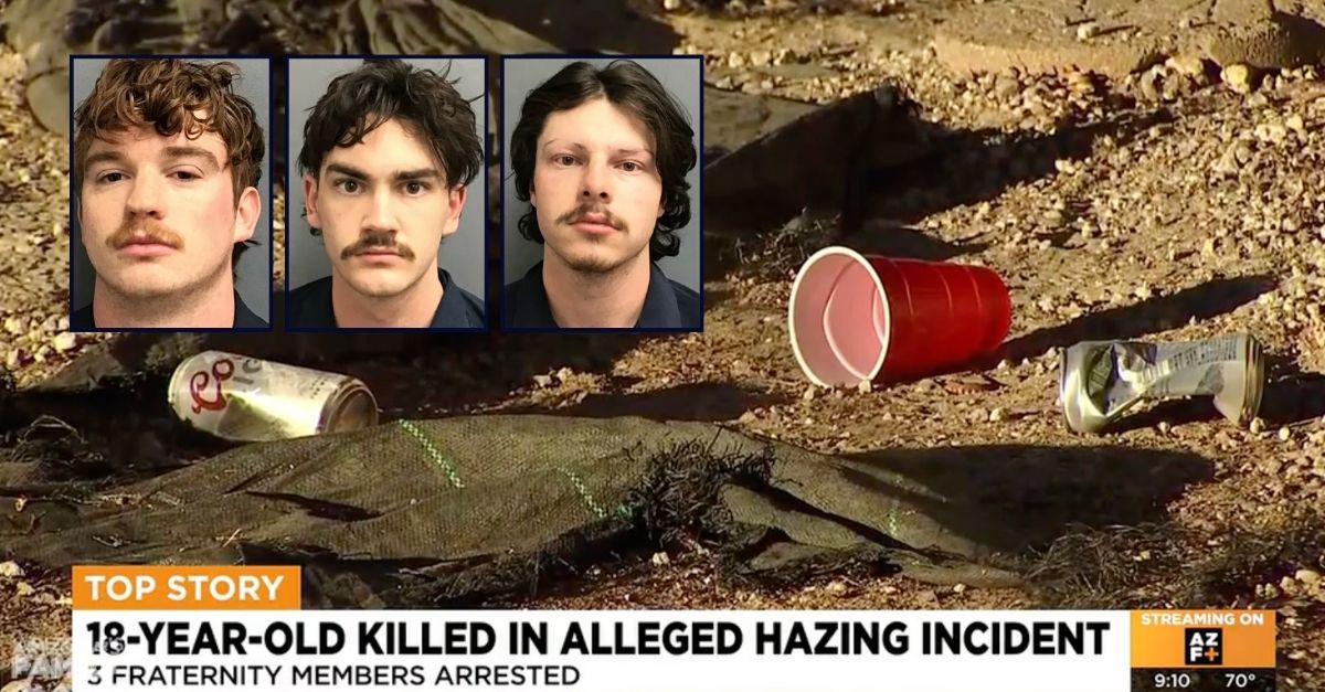Insets, left to right: Carter Eslick, Ryan Creech and Riley Cass (Coconino County Sheriff's Office). Background: Outside the Arizona home where a Delta Tau Delta fraternity pledge died during a "rush" event where "hazing" was reported by police (AZ Family/YouTube).