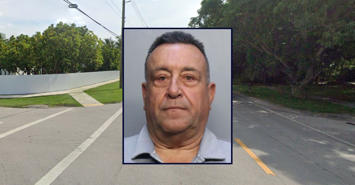 Giraldo Caraballo appears in a booking photo inset against an image of an intersection in Florida.