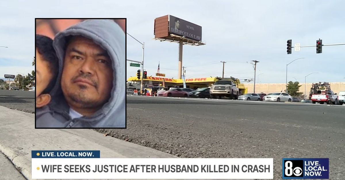 Inset: Humberto Sanchez Aguero (GoFundMe). Background: The Las Vegas intersection where Humberto Sanchez Aguero was T-boned and killed by a "reckless" 23-year-old driver (KLAS/YouTube).