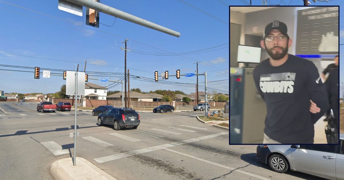 Inset: Alexander D. Mendoza being arrested by a Bexar County Sheriff's Office deputy (BCSO). Background: The intersection where Mendoza allegedly ran a red light, hitting a pregnant driver (Google Maps).
