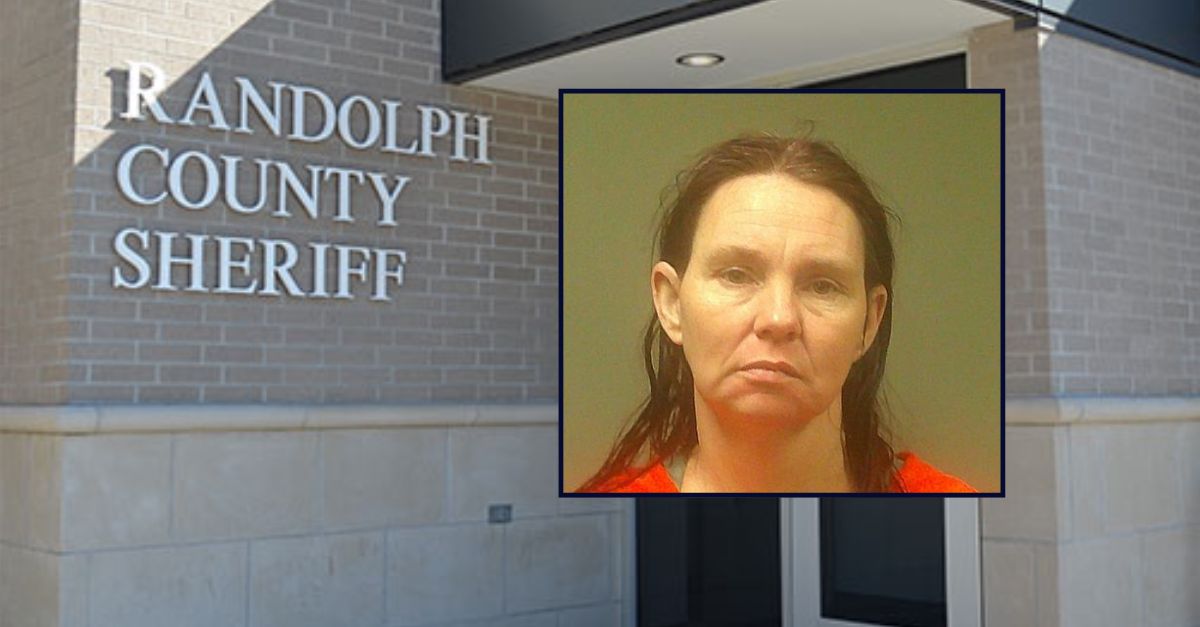 Jo Timmons appears in a booking photo inset against an image of a sheriff's office in Missouri.