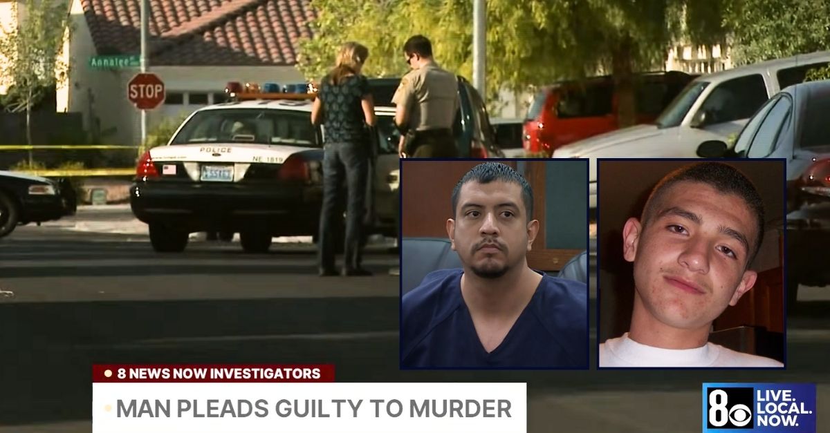 Left inset: Jonathan Romero. Right inset: David Manriquez. Background: Police at the Nevada home where Jonathan Romero killed David Manriquez in an execution-style shooting (KLAS/YouTube). 