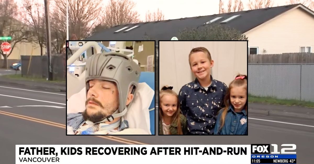 Insets: Kyle Eck and his three children. Background: The area in Washington state where Kyle Eck was allegedly mowed down by a 17-year-old hit-and-run driver as he tried pushing them to safety (KPTV/YouTube).