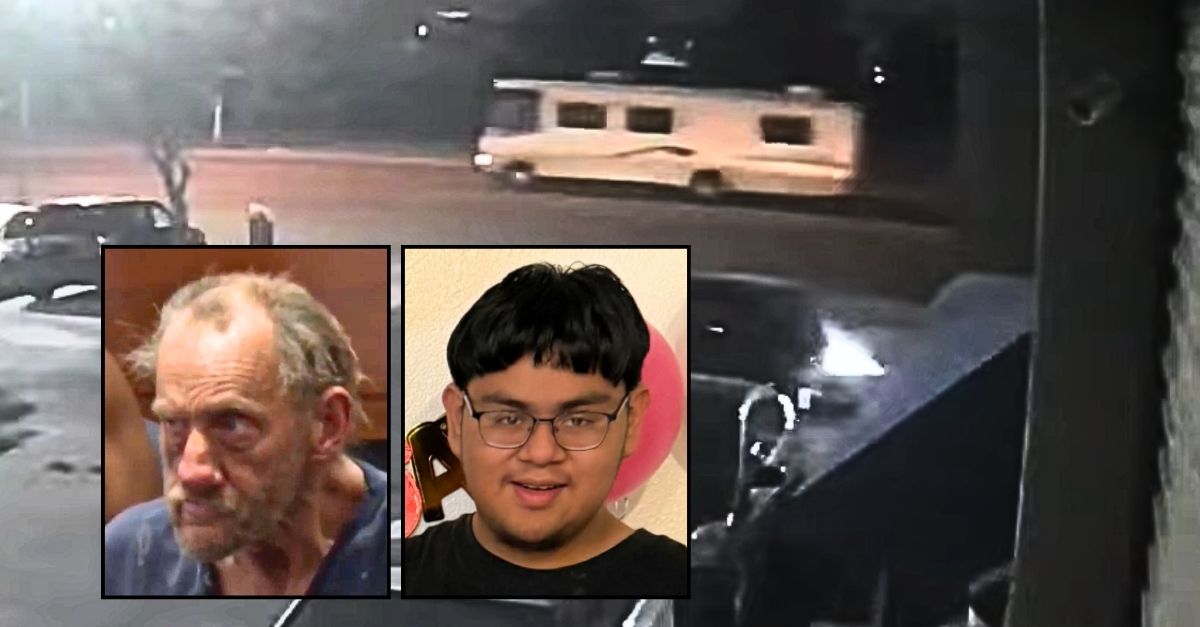Left inset: Mark Clayton (KSNV). Right inset: Eric Estrada (GoFundMe). Background: Surveillance footage allegedly shows Mark Clayton driving drunk in a stolen RV just seconds before he slammed into 17-year-old Eric Estrada, who was in a marked crosswalk (KSNV/YouTube). 