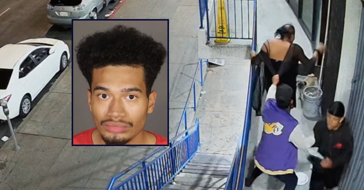 Paul Alan Thomas appears in a wanted poster image inset against a surveillance footage still image of a beating in Los Angeles.