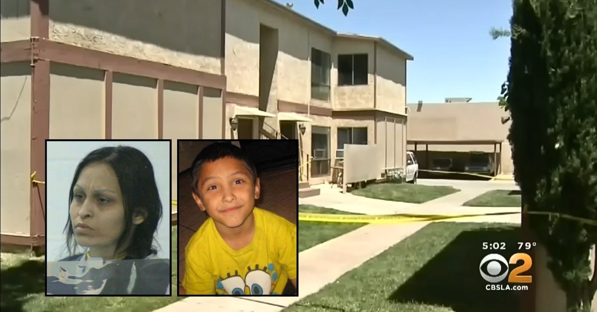 Left inset: Pearl Fernandez (KABC/YouTube). Right inset: Gabriel Fernandez (CASA). Background: The California residence where Pearl Fernandez tortured and abused her 8-year-old son Gabriel Fernandez to death (KCBS/YouTube).