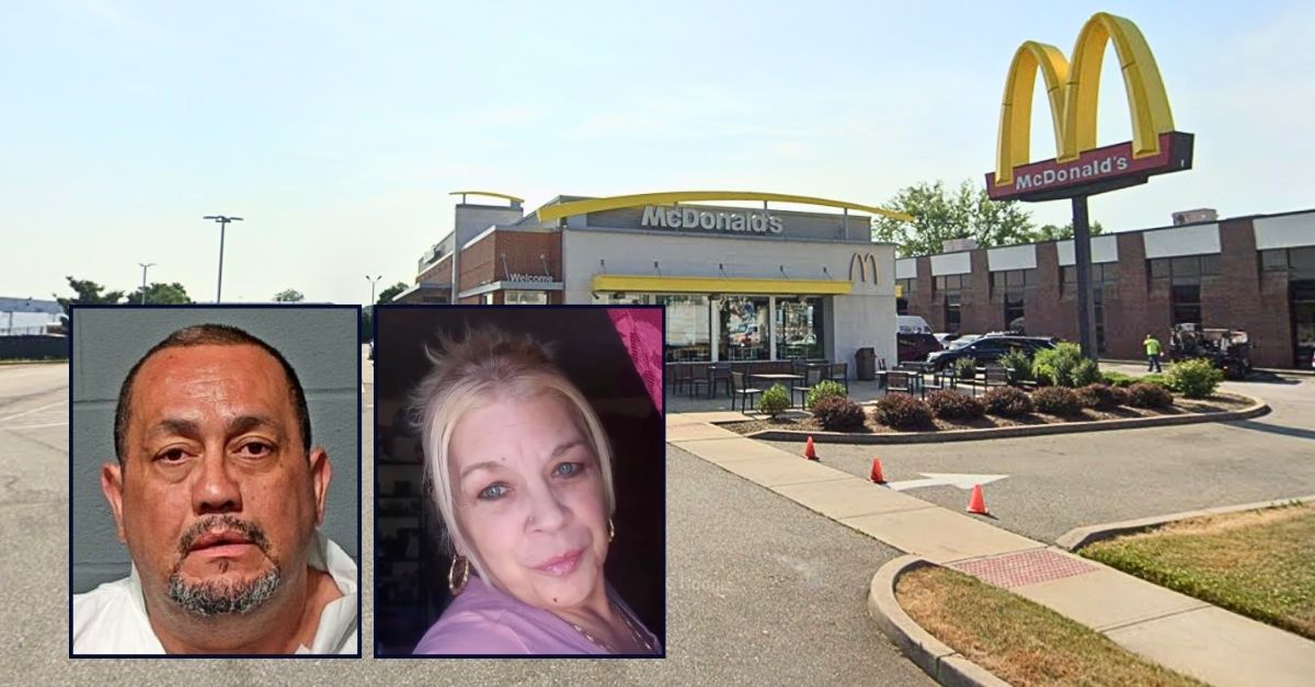 Left inset: Pedro Grajales (Hartford Police Department). Right inset: Nilda Rivera (WTIC). Background: The McDonald's in Hartford, Conn., that Pedro Grajales took Nilda Rivera to before stabbing her 25 times in a parking lot (Google Maps).