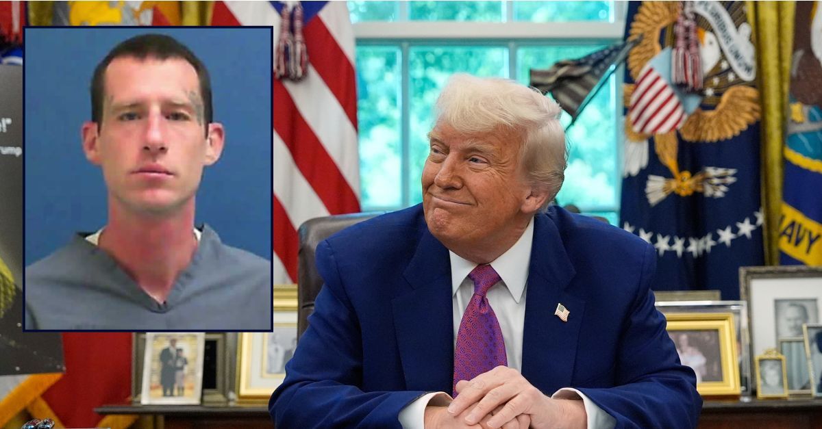 Main: President Donald Trump smiles as he speaks in the Oval Office of the White House, Tuesday, May 20, 2025, in Washington (AP Photo/Alex Brandon). Inset: Christopher M. Davies (Florida Department of Corrections).