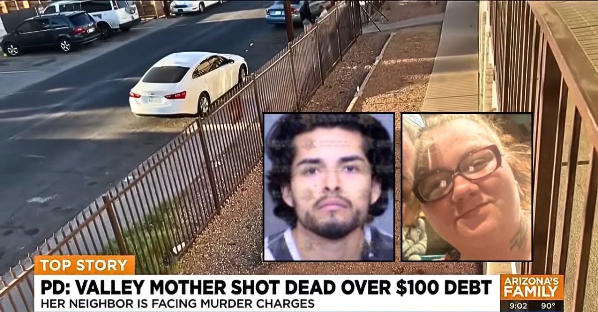 Left inset: Daniel Rombach (Maricopa County Sheriff's Office). Right inset: Danielle Little (GoFundMe). Background: The Arizona apartment complex where Daniel Rombach allegedly shot and killed Danielle Little, a mom of seven who owed him $100 (AZ Family/YouTube).