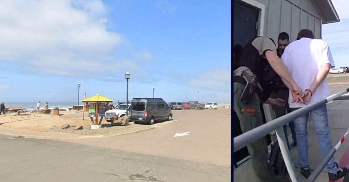 Inset: Izac Rutledge being arrested at the Rockaway Beach Wayside parking lot in Oregon (Tillamook County Sheriff's Office). Background: The Rockaway Beach Wayside parking lot where Izac Rutledge stabbed a man after the victim confronted him and a female driver Rutledge was riding with, who hit the victim's pregnant wife (Google Maps). 