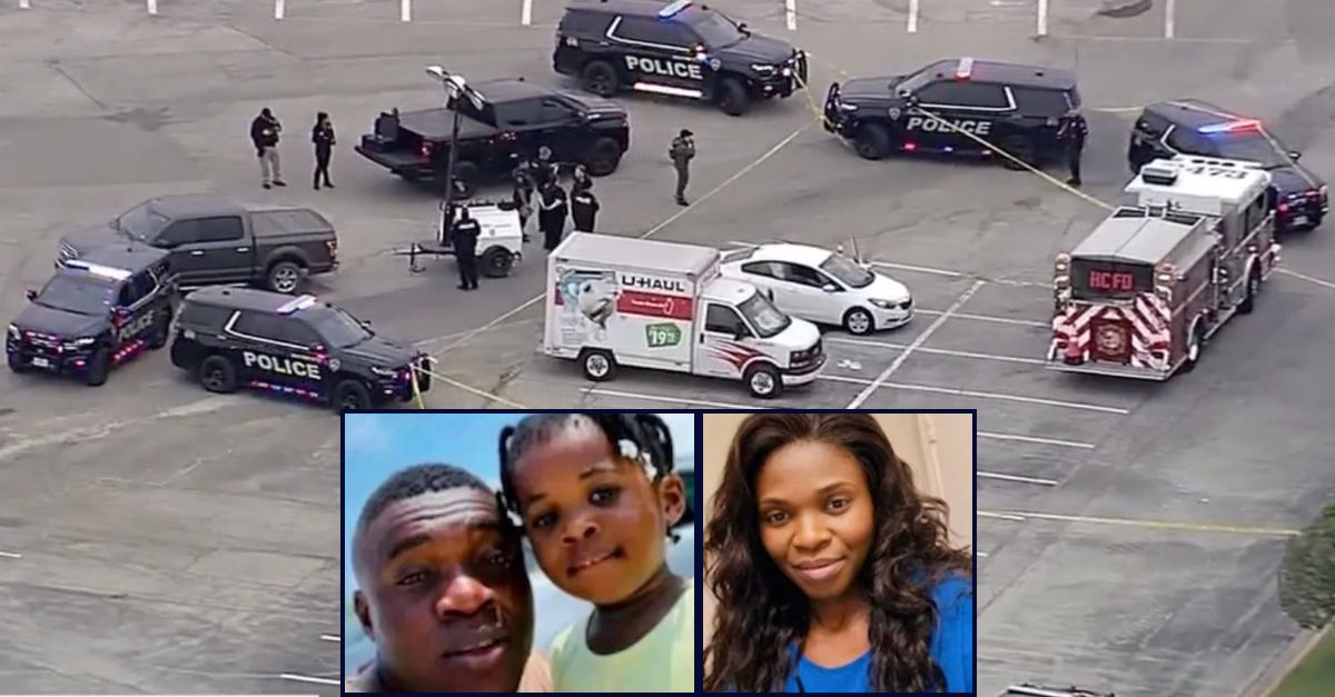 Inset, left to right: John Mbuyi, Nathy Mbuyi, and Raissa Thatukila (Haltom City Police Dept.). Background: Authorities in the parking lot after Mbuyi allegedly shot and killed his daughter and her mom (KDFW).