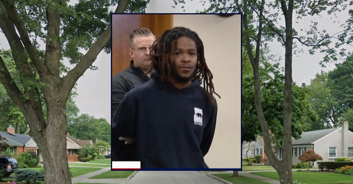 Inset: Orlander Linson appearing in court (WJBK). Background: The Michigan street where Linson allegedly left the car with his 1-year-old son inside (Google Maps).