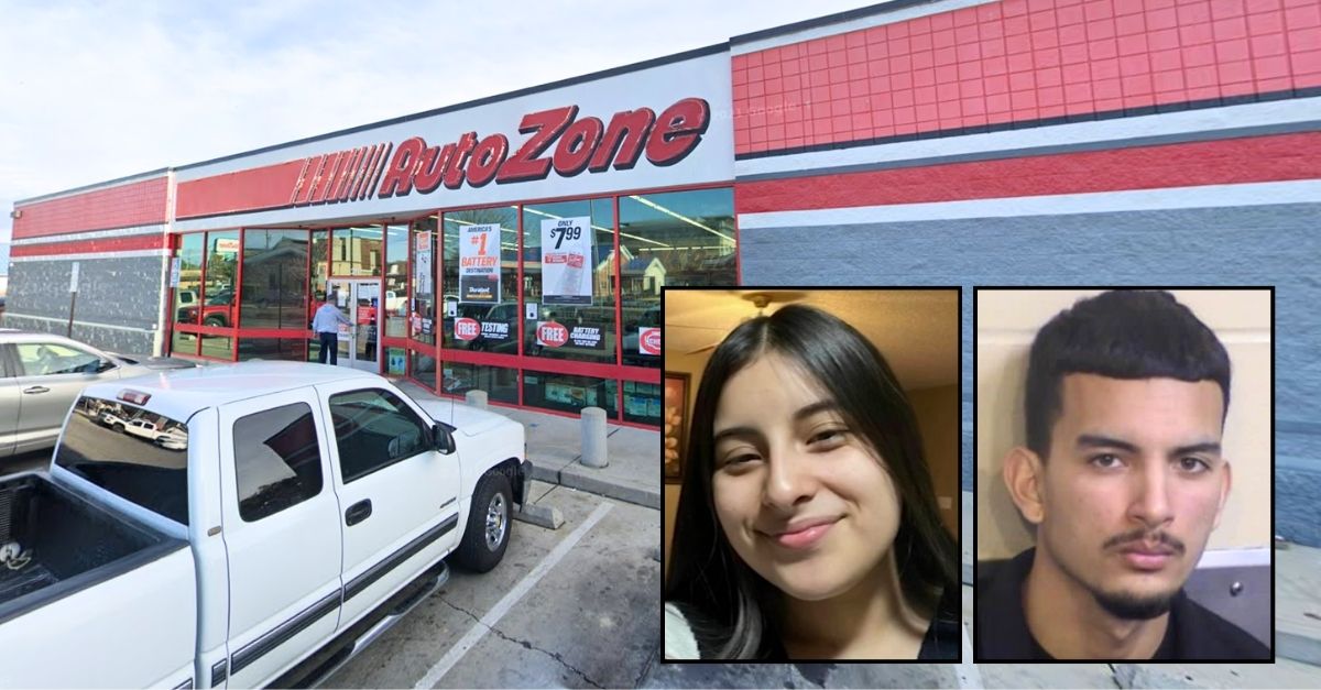 Left inset: Melanie Camacho. Right inset: Vicente Jasso (Madera County Sheriff's Office). Background: The AutoZone in Madera, Calif., where Melanie Camacho was last seen before being murdered by her ex-boyfriend Vicente Jasso (Google Maps).