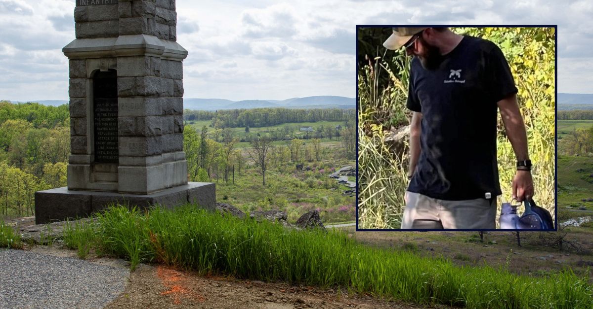 A man identified as Lucas Reisinger appears inset against an image of Little Round Top in Gettysburg.