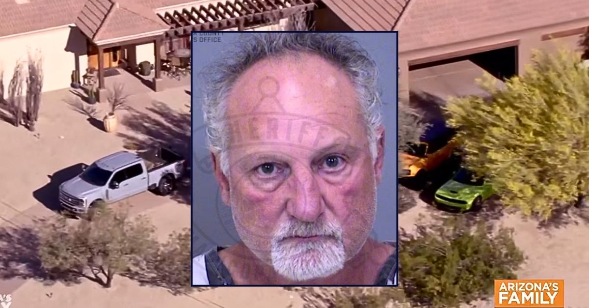 Inset: Robert Marin (Maricopa County Sheriff's Office). Background: The Arizona home where Robert Marin allegedly shot his wife dead and then smoked a celebratory cigar while standing over her body, covered in blood (AZ Family). 