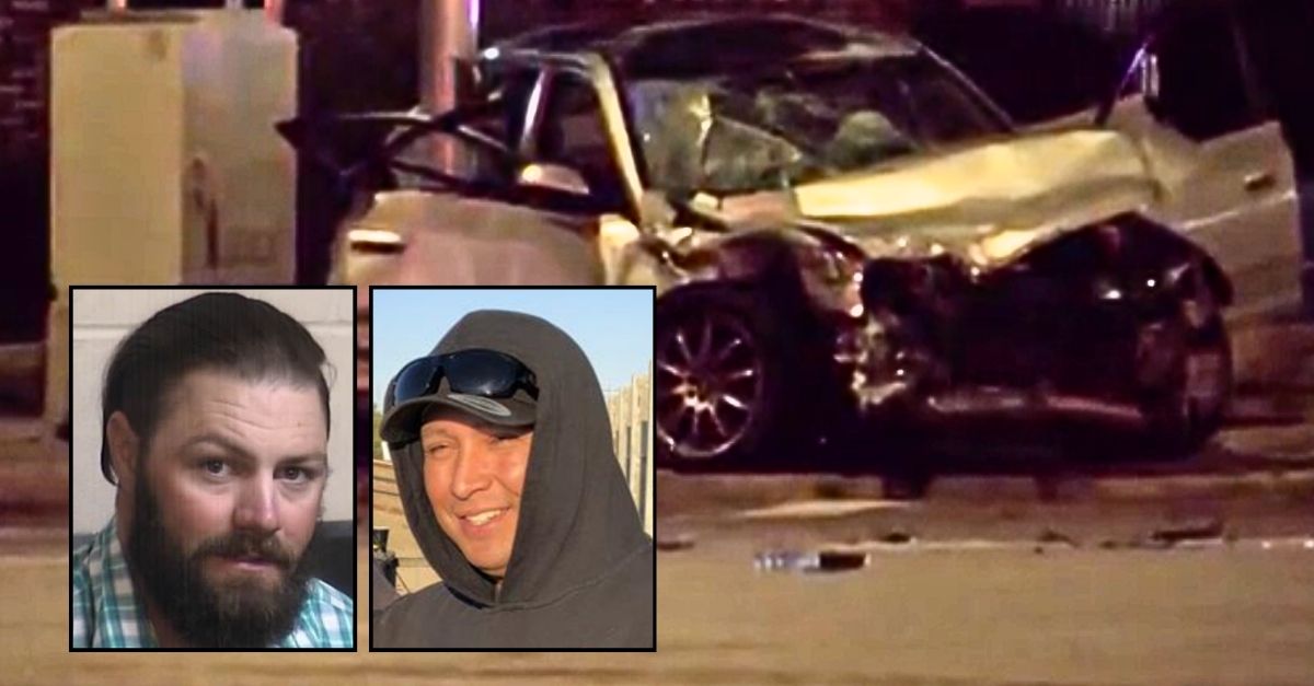 Left inset: Shane Shahan (Fresno Police Department). Right inset: Jesse Espino (Chapel of Light). Background: The car that Jesse Espino was riding in when Shane Shahan ran a red light and slammed into it, killing Espino (KFSN).