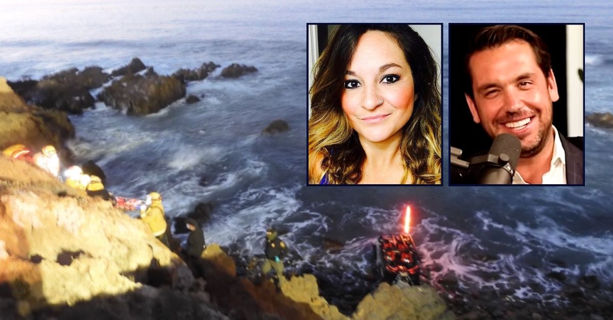 Left inset: Tanya Hendry (Dignity Memorial). Right inset: Jonathan Spano (Instagram/@trafficmanagementinc). Background: The California cliff that Tanya Hendry plummeted off of while allegedly riding in an ATV at Jonathan Spano
