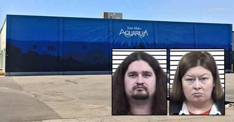 Left: Zachary Olpin. Right: Megan Olpin (Bonneville County Sheriff's Office). Background: The East Idaho Aquarium in Idaho Falls where Zachary Olpin and Megan Olpin were allegedly caught on camera abusing their 7-year-old daughter (Google Maps).