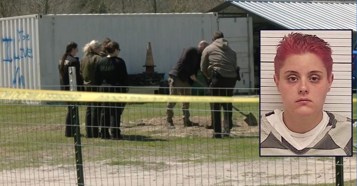 Inset: Ashley O. Averett (Bay County Jail). Background: Authorities digging up the yard where Averett allegedly buried her dismembered boyfriend (WMBB).