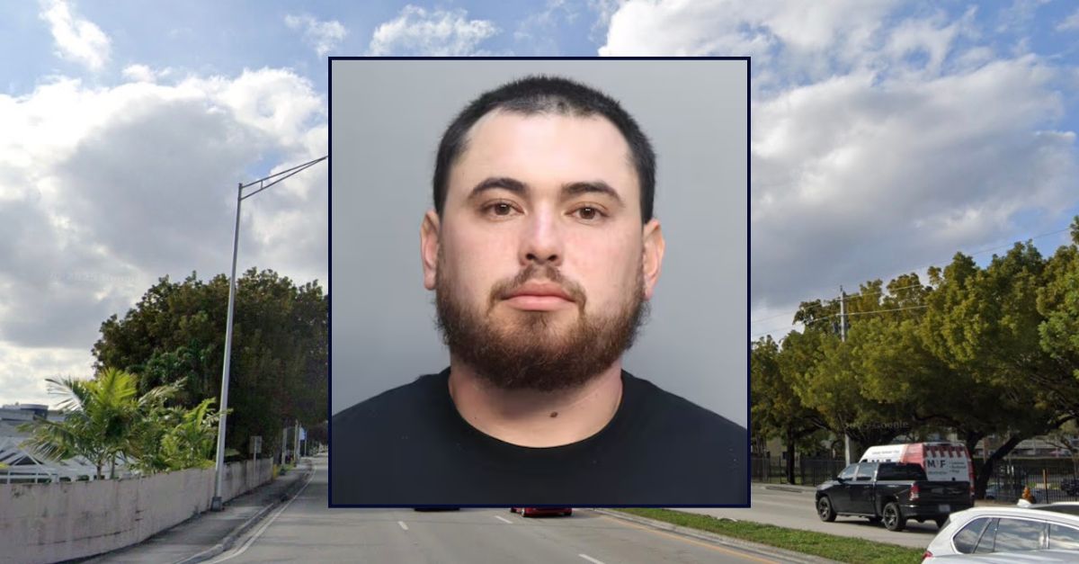 Inset: Raul Alejandro Fontaine (Miami-Dade Corrections & Rehabilitation). Background: The area in Miami where Fontaine allegedly shot at another driver on Saturday (Google Maps).
