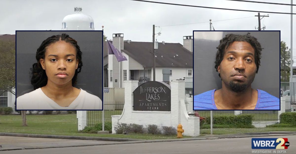 Inset, left to right: Hope Jackson and Riddick Franklin (Baton Rouge Sheriff's Office). Background: The apartment complex where Franklin allegedly killed the father of Jackson's children at her behest (WBRZ).