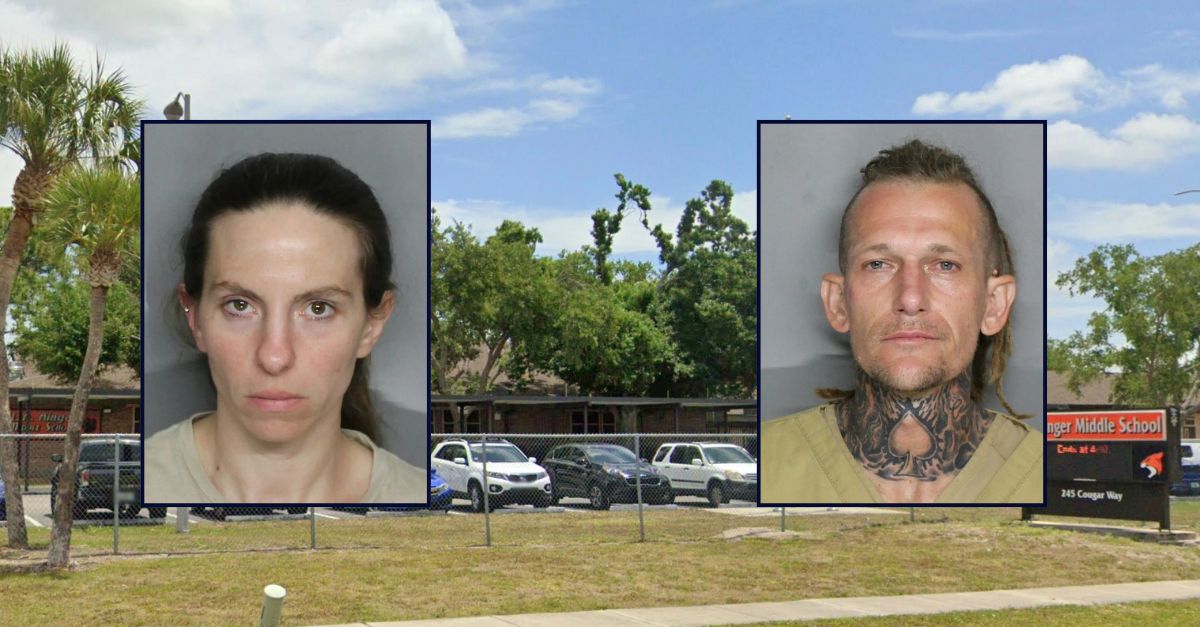 Inset, left to right: Courtney M. Delaney and Joshua L. Sanders (Charlotte County Sheriff's Office). Background: The middle school where their daughter allegedly overdosed (Google Maps).