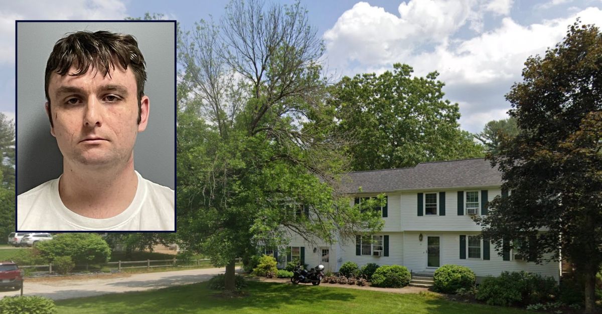 Inset: Chandler Walden (Londonderry Police Dept.). Background: The Londonderry, New Hampshire, home where Walden allegedly tried to kill his sister and her friend (Google Maps).
