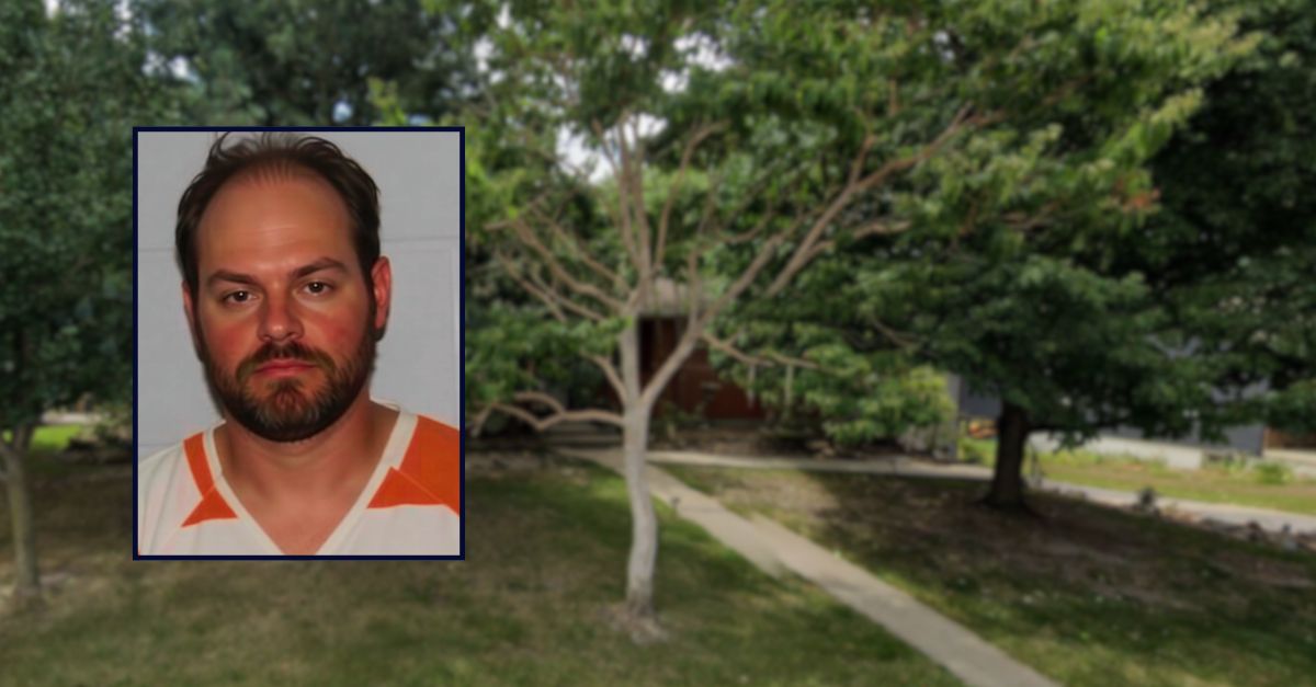 Dakota Sweeney appears in a booking photo inset against an image of a residence in Missouri.