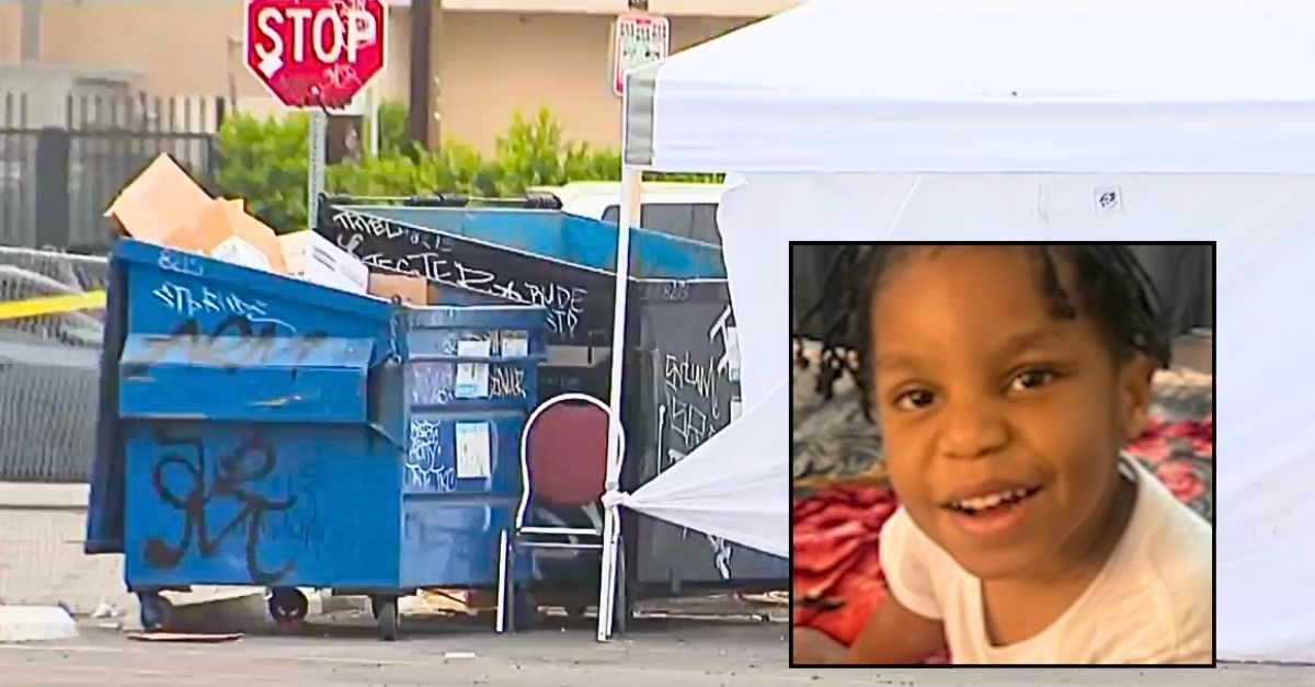 Inset: Elyjah Hearn (GoFundMe). Background: The California dumpster where 5-year-old Elyjah Hearn was found dead after his mother