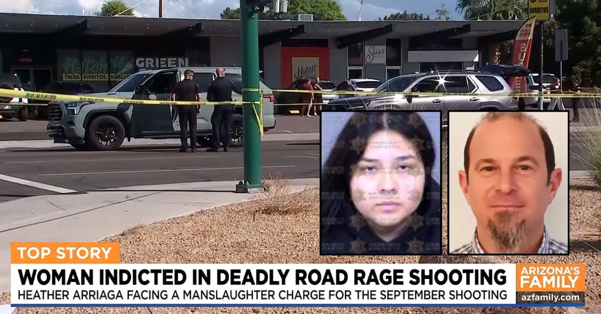Left inset: Heather Arriaga (Maricopa County Sheriff's Office). Right inset: Stephen Guardino (Messinger Mortuaries). Background: The scene of the road rage shooting in Arizona that left Stephen Guardino dead after Heather Arriaga allegedly opened fire on him from her car (AZ Family).