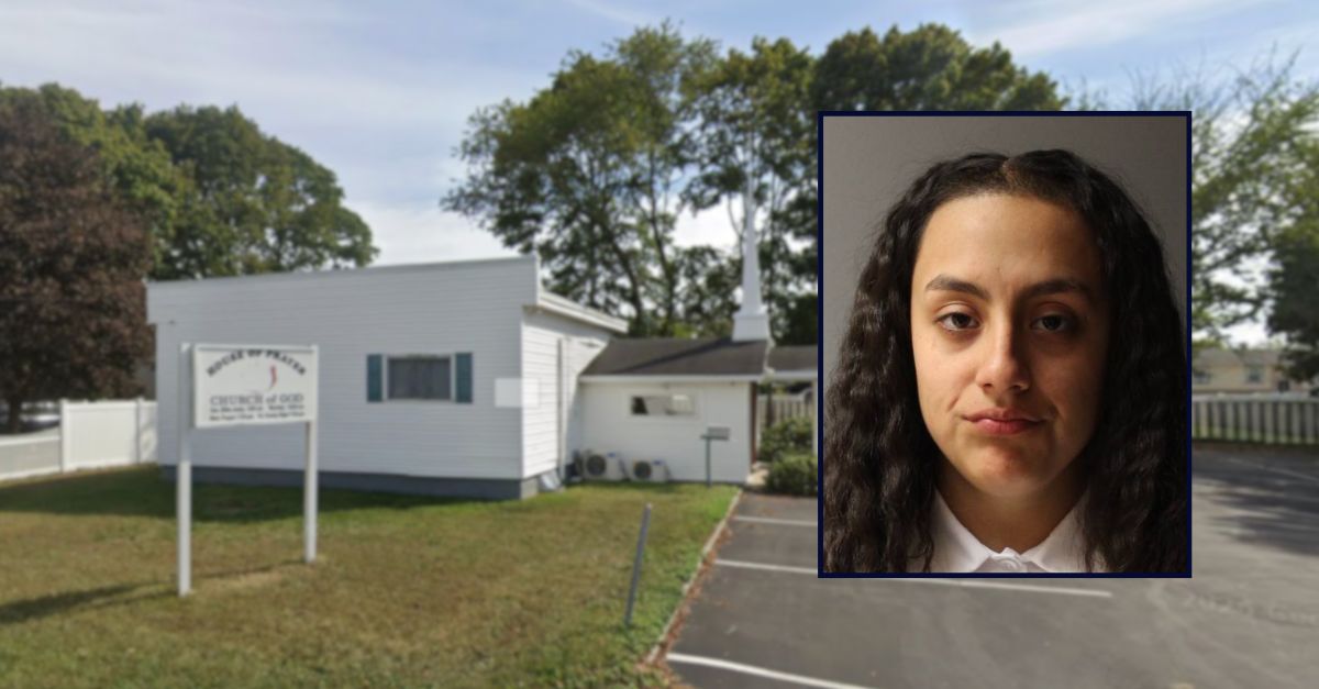Kayla Alvarenga appears in a booking photo inset against an image of a church where a man was killed in New York.