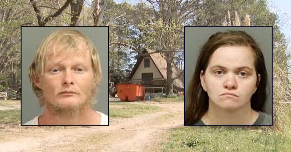 Inset, left to right: Lacy Douglas Hocutt Jr. and Rachelleigh Marie Galasso (Wake County Sheriff's Office). Background: The home where the defendants allegedly abused their six kids (WRAL).