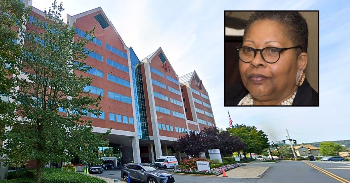 Inset: Phyllis Burrell (Facebook/Deborah Hunter). Background: The New Jersey hospital where Phyllis Burrell allegedly died after a routine liver biopsy (Google Maps).