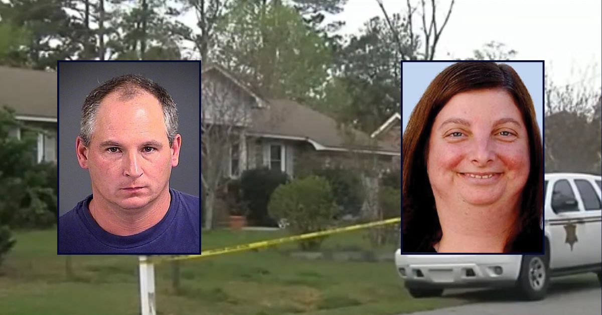 Inset, left to right: Robert William McCaffrey Jr. (Charleston Co. Detention Center) and Lisa Marie McBride (Charleston County Sheriff's Office). Background: Authorities outside McBride's home after her disappearance (WCIV).