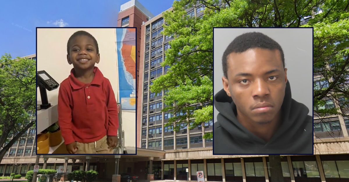 Inset, left to right: Tarvis T. Phenix Jr.'s 3-year-old son, known by family members as "T-3" (GoFundMe) and Tarvis T. Phenix Jr. (STMPD). Background: The apartment building where Phenix's son fell to his death (Google Maps).