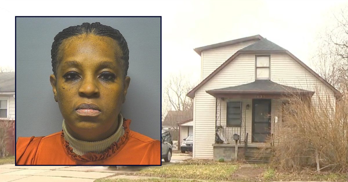 Inset: Tasha Beamon (Saginaw County Jail). Background: The home where Beamon allegedly kept her sister-in-law imprisoned for years (Google Maps).