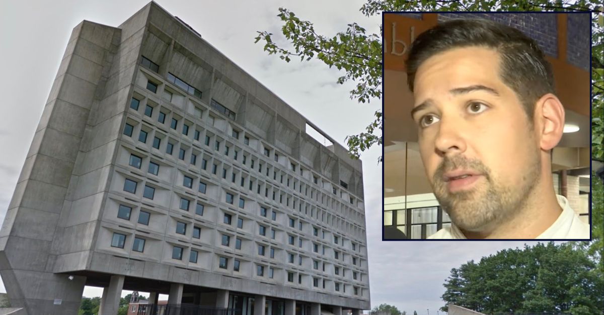 Inset: Jeffrey C. MacDonald (WWLP). Background: The UMass Amherst Hotel, where MacDonald allegedly beat his wife to death (Google Maps).