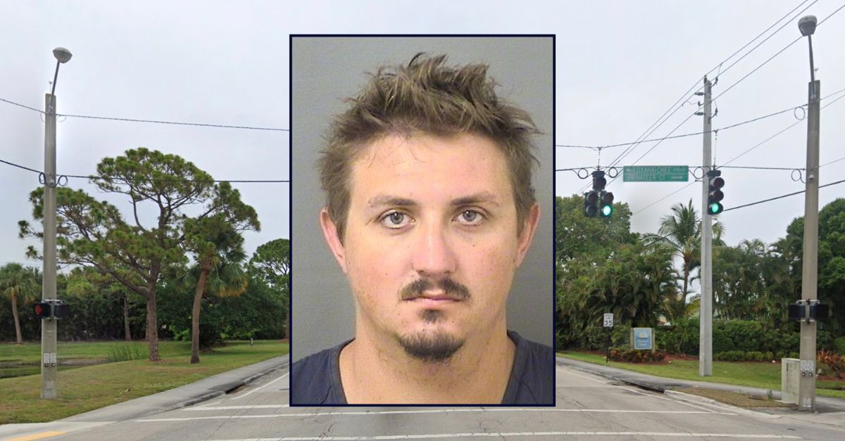 Inset: Austin Arthur Pare (Jupiter Police Dept.). Background: The are in Florida where Pare allegedly threw his ex-girlfriend from a pickup truck and ran her over (Google Maps).