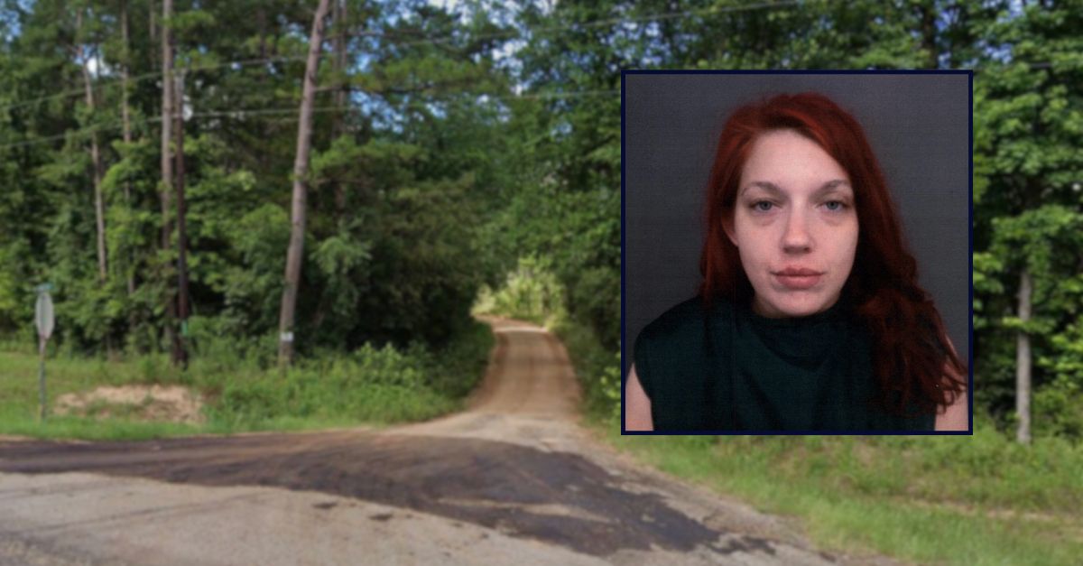 Alanna Dawn Bilbo appears in a booking photo inset against an image of a county road in Texas.