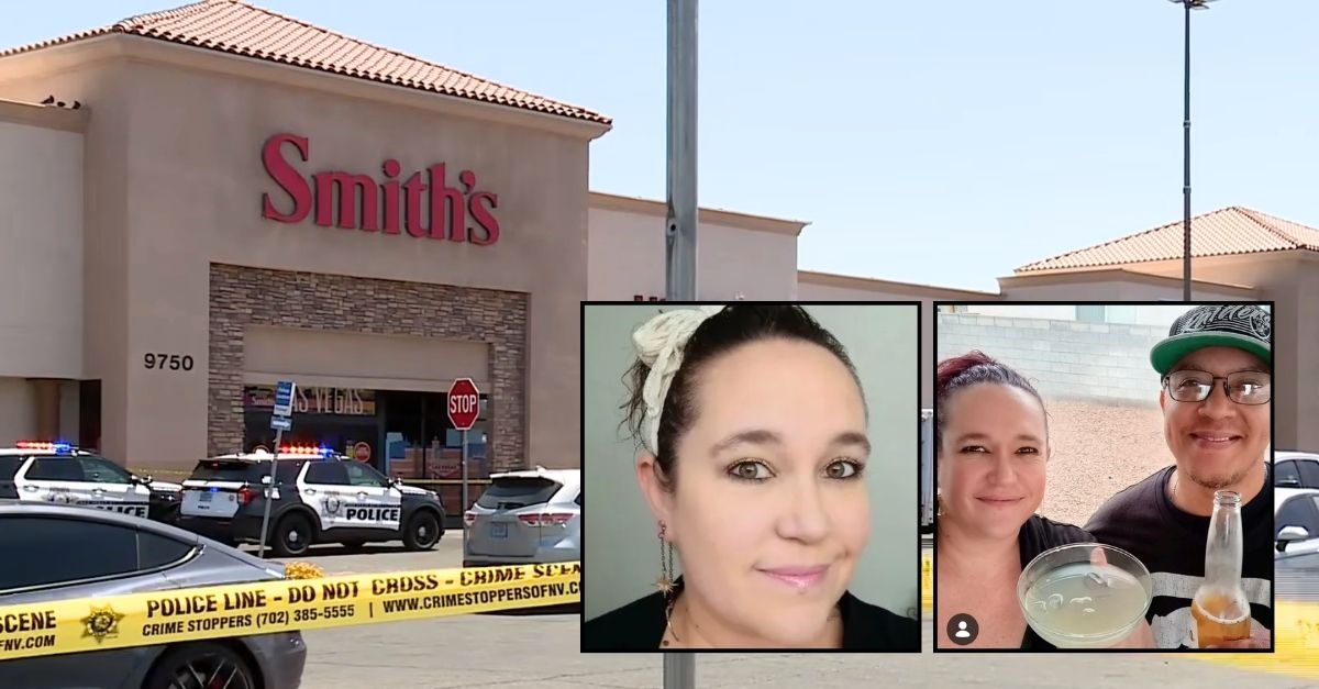 Left inset: Amanda Frias Rosas. Right inset: Amanda Frias Rosas and her new husband Victor Frias Rosas (GoFundMe). Background: The Las Vegas grocery store where Nevada couple Amanda Frias Rosas and Victor Frias Rosas were both allegedly shot and killed by Amanda's ex-husband (KLAS/YouTube).