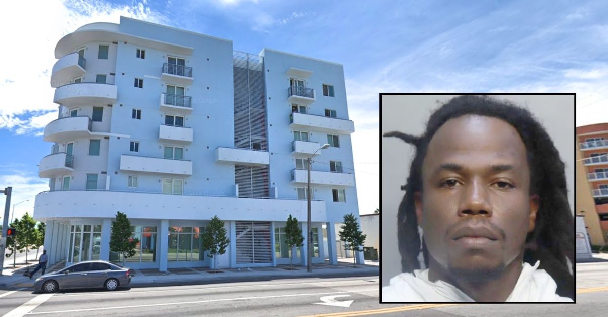 Inset: Antwan Carter (Miami-Dade County Corrections and Rehabilitation). Background: The Miami residence where Antwan Carter allegedly shot killed his girlfriend's brothers.