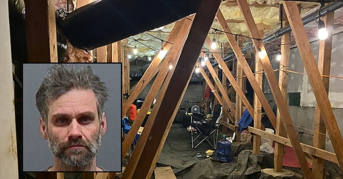 Inset: Beniamin Bucur. Background: The crawl space of the Oregon home that Beniamin Bucur was secretly living in for months (Clackamas County Sheriff