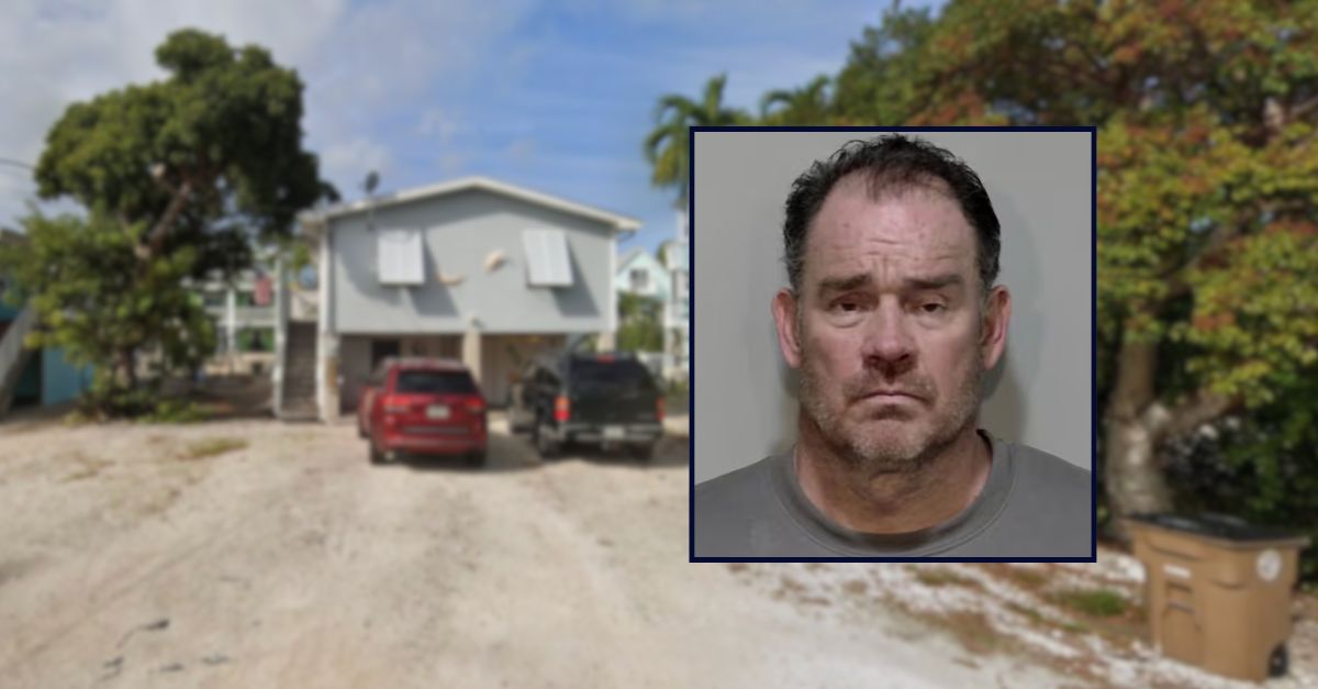 Bradly Shawn Shadduck appears in a booking photo inset against an image of a residence in the Florida Keys.