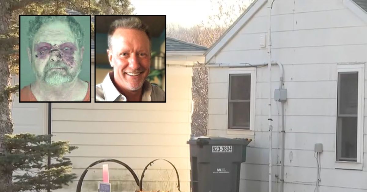 Left inset: Brent Hofman (Shawano County Sheriff's Office). Right inset: Rick Roundy (Cotter Funeral and Cremation Care). Background: The Wisconsin home and garage where cops say Rick Roundy was found dead after being killed by Brent Hofman (WSAW).