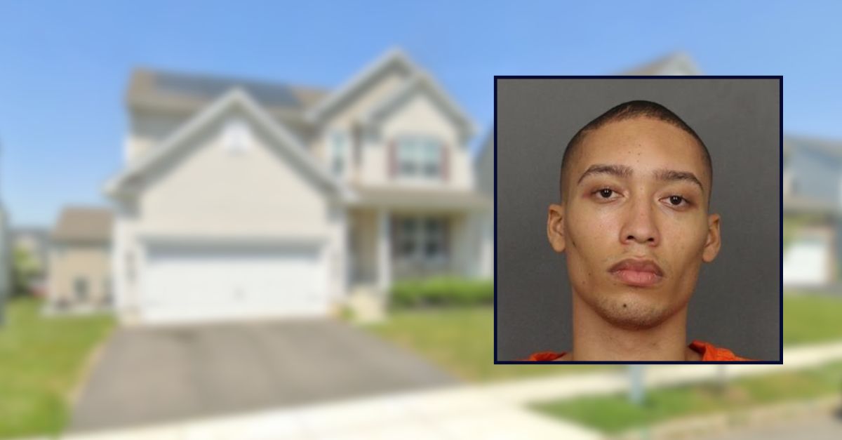 Christian Smith appears in a booking photo inset against an image of a residence in New Jersey.